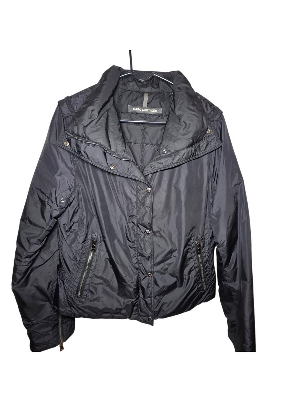 Marc New York Black Lightweight Jacket Funnel Neck Oversized Collar Moto Size L